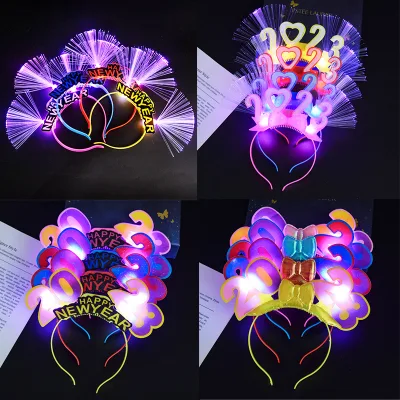2023 New Year′s Headwear with Lamp Cap Hoop Accessories Wholesale LED Fiber Optic Party Supplies Light up Flashing Headwear